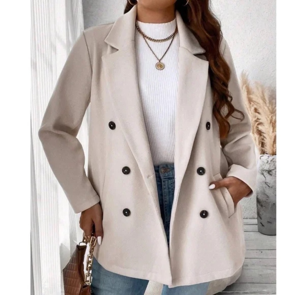Classic Beige Solid Double Breasted Minimalist Pe… - image 4